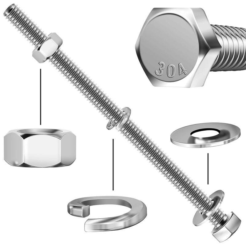 MYWISH 5 Sets 5/16-18x5 Hex Head Nuts and Bolts with Flat & Lock Washers, 304 Stainless Steel 18-8, Metric Bolt Assortment Fully Threaded Screws and Nuts, 20 Pieces - Image 4